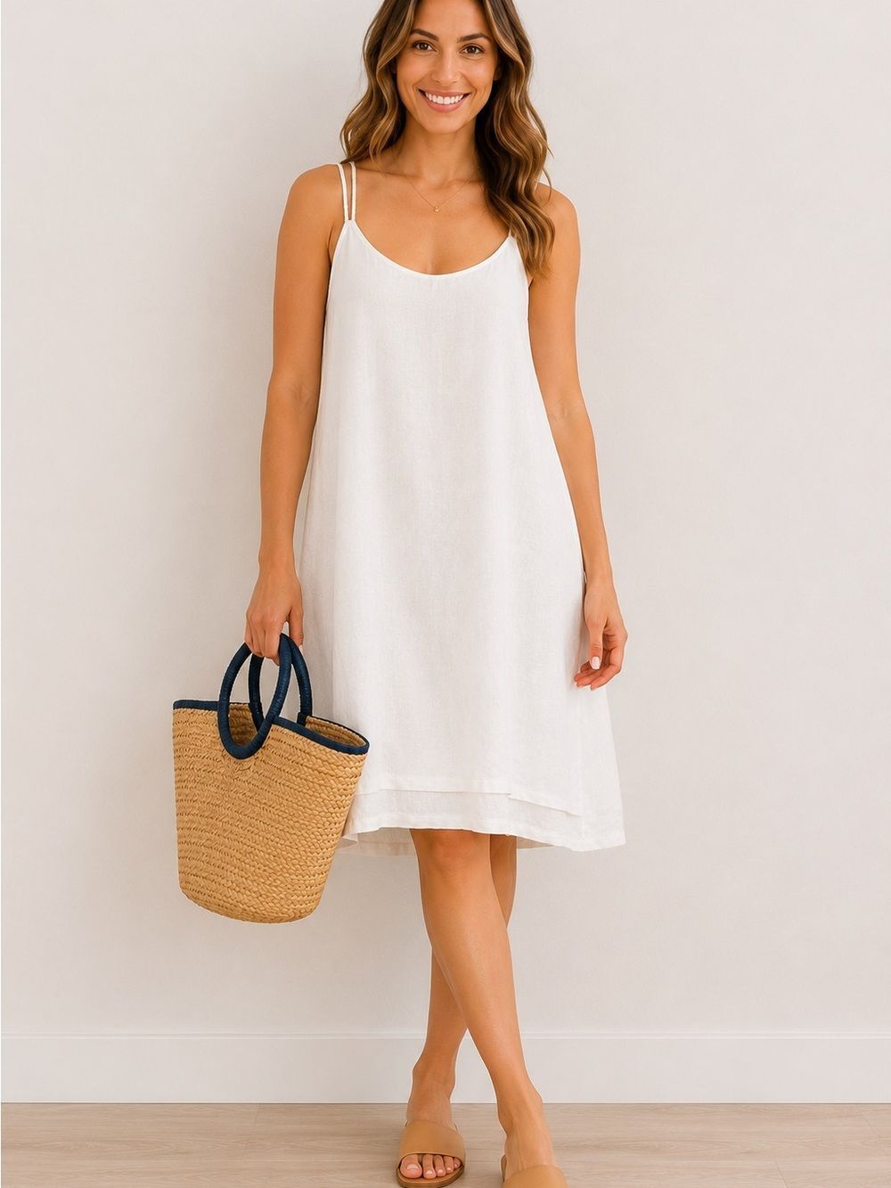 Madison Mathews White Linen Braided Strap Dress – Size L NWOT
